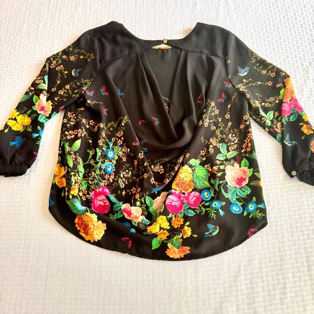 Meraki Floral Butterfly Birds Draped Open Back Blouse Black Large Cottage Whimsy